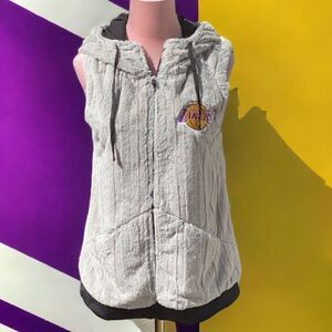 ANTIGUA WOMENS NBA L.A.LAKERS BASKETBALL ZIP UP HOODED FAUX FUR VEST COAT MED